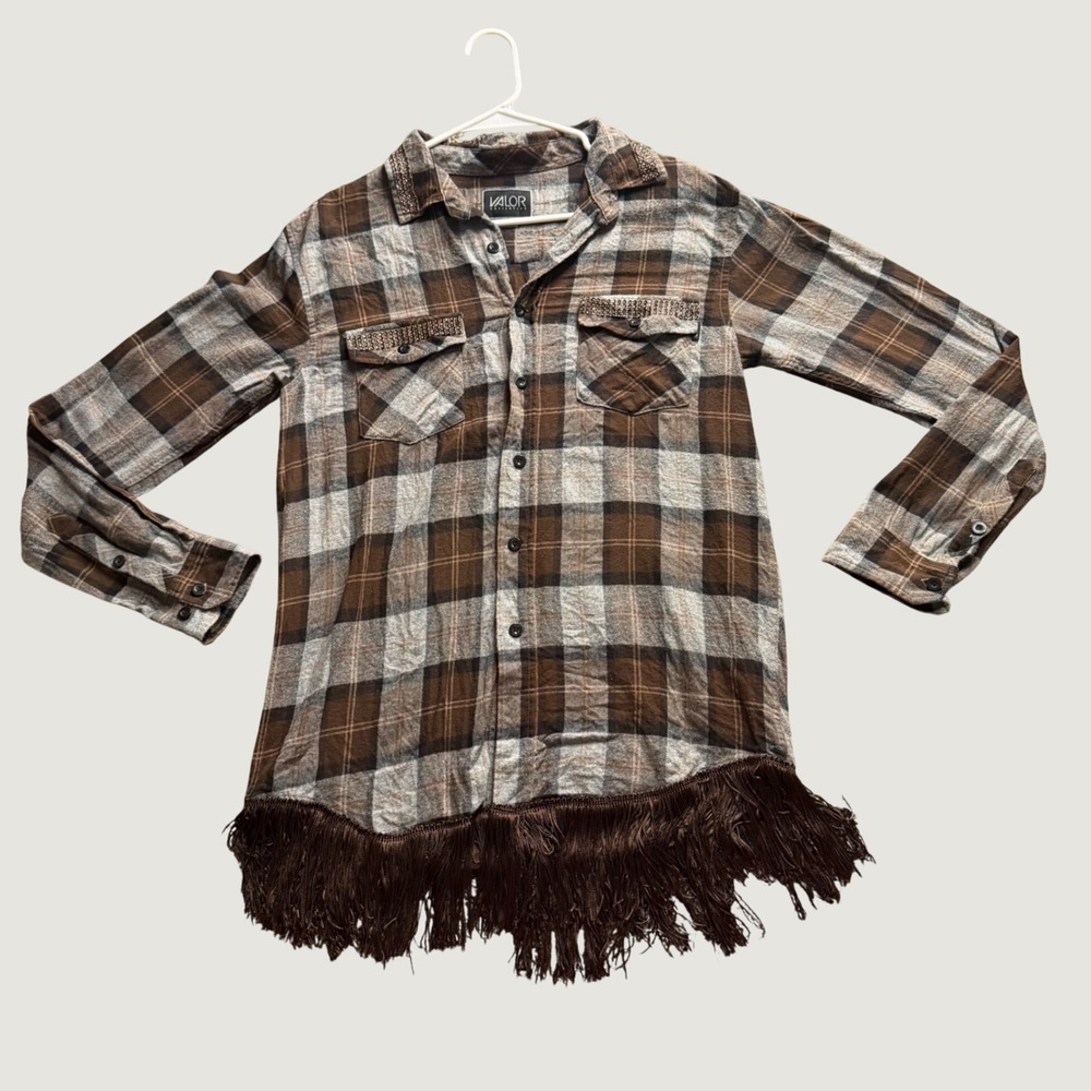 Valor Collective Plaid Flannel Shirt Medium Fringe Rhinestone Western Brown M